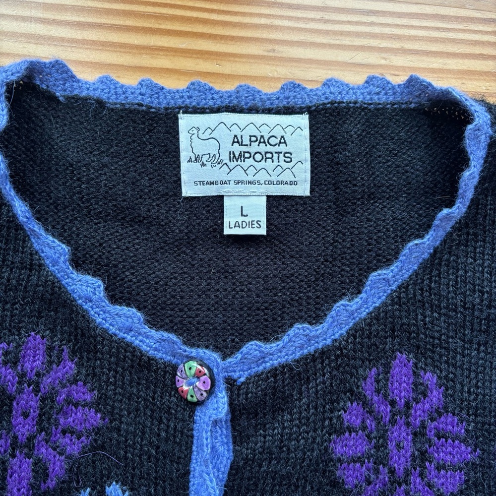 Alpaca Imports Wool Blend Button Front Cardigan L Purple Black Nordic Artsy - Picture 5 of 14